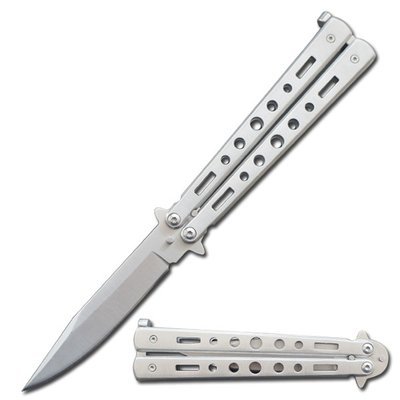 5-closed-length-heavy-duty-night-echo-butterfly-knife-silver_643d63c0ccc16.jpeg 5inch Closed Length Heavy Duty Night Echo Butterfly Knife Silver - Image 1