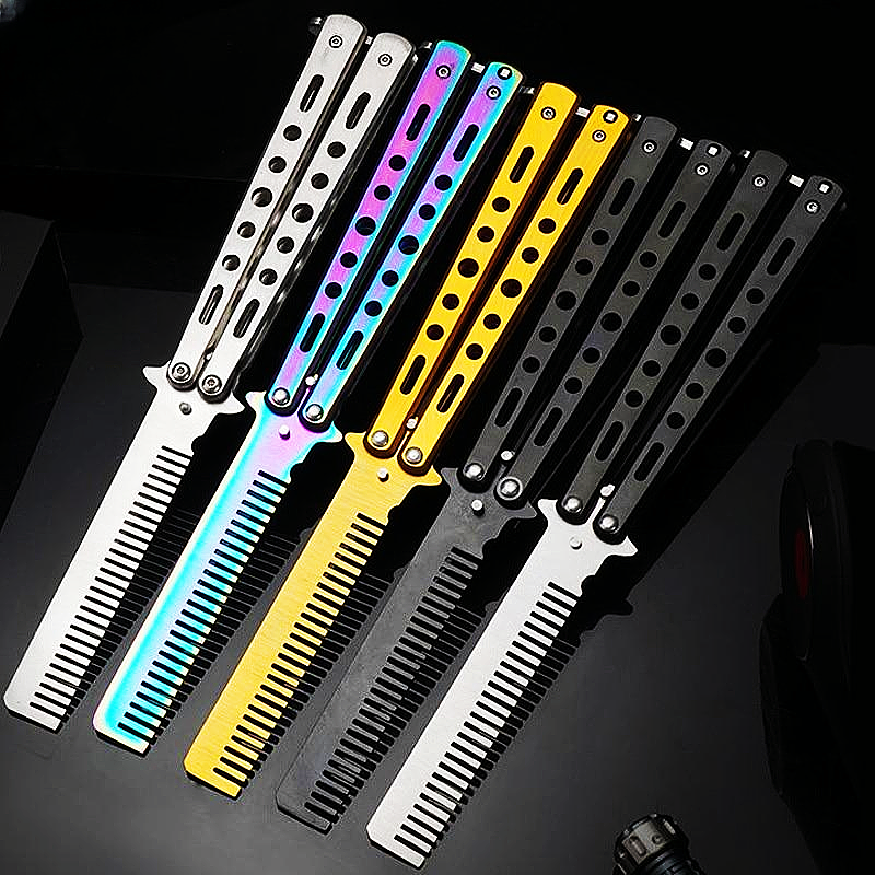 Portable-Butterfly-Training-Knife-Foldable-CSGO-Balisong-Trainer-Pocket-Flail-Knife-Uncut-Blade-Butt.webp Butterfly knife comb,Folding Trainer Balisong hair comb practice knives - Image 1