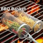 Rolling Grilling Basket Barbecue Cooking Grill Grate Portable Round Outdoor Camping Barbecue Rack Cookware Kitchen Tool